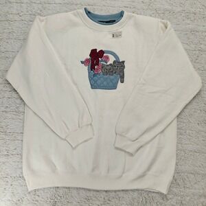 VTG 90s Granny Cat Basket Sweatshirt Women Large Cottagecore Shoulder Pads Roses